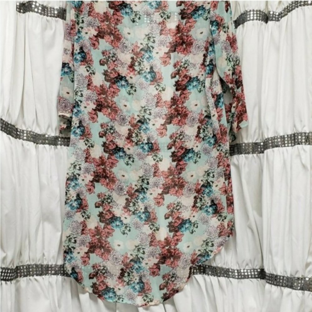Say What? Aqua Pink Floral Sheer Kimono ¾ Sleeve S - Picture 7 of 7